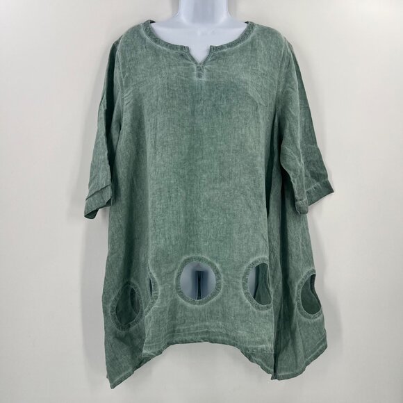 CHEYENNE S/M 100% Linen Tunic Sage Green Circle Cutout Artsy Lagenlook Top - Picture 1 of 11